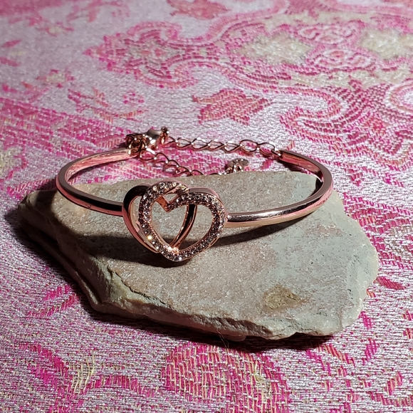Rose Goldtone Double Heart Adjustable Bangle - Picture 1 of 8